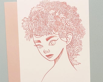 A7 - Floral Nature Girl Blank Greeting Card | Handmade, Illustration, Flowers, Flora, Female Figure, Botanical, Stylized