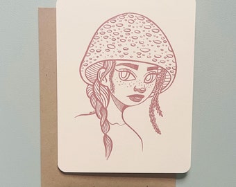 A2 - Mushroom Nature Girl Blank Greeting Card | Handmade, Illustration, Fungi, Female Figure, Outdoors, Braid, Stylized