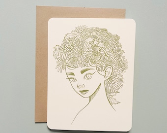 A2 - Floral Nature Girl Blank Greeting Card | Handmade, Illustration, Flowers, Flora, Female Figure, Botanical, Stylized