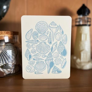 May include: A white card with a blue illustration of various seashells. The seashells are arranged in a circular pattern.