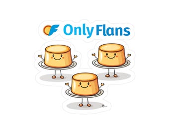 Könnte beinhalten: Ein Aufkleber mit drei Cartoon-Flans mit lächelnden Gesichtern, Armen und Beinen, jeweils auf einem Teller. Der Aufkleber hat den Text "Only Flans" in Blau mit einem stilisierten orangefarbenen "F"-Logo.