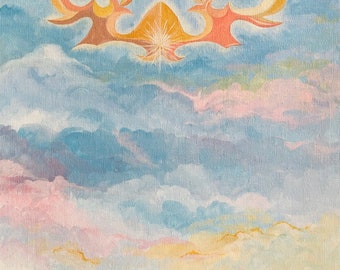 Goudmijn. Een origineel schilderij met wolken en een stralend figuur. 11 x 13,6 inch (28 x 35,1 cm)