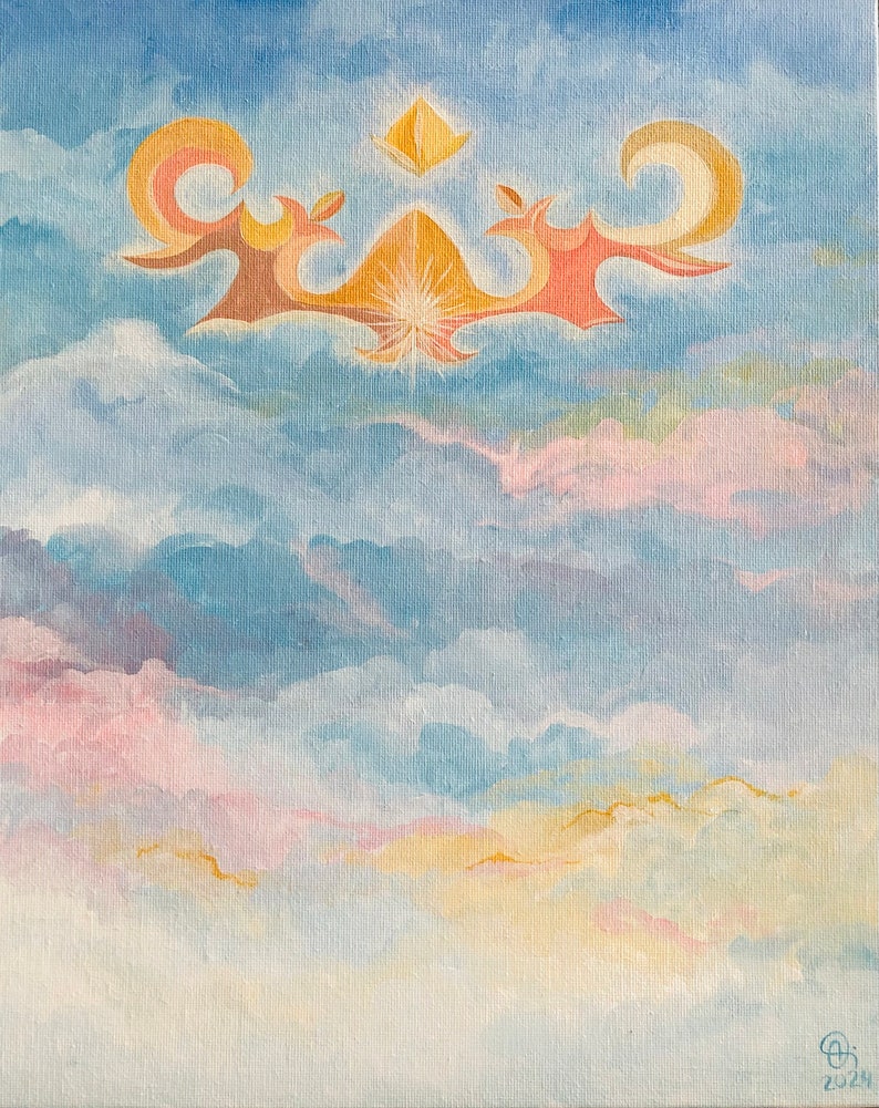 Goldmine. Ein Originalgemälde mit Wolken und einer strahlenden Figur. 11 x 13,6 Zoll 28 x 35,1 cm Bild 1