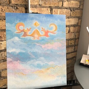 Goldmine. Ein Originalgemälde mit Wolken und einer strahlenden Figur. 11 x 13,6 Zoll 28 x 35,1 cm Bild 2
