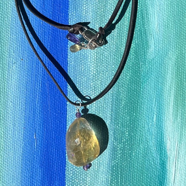 HeyHey Art Solar Plexus Necklace Citrine Amethyst 925 Italian Lobster Clasp Brown Leather Sterling Wires Bohemian Artisan One of a Kind 18"