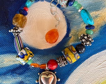 HeyHey Art Spiritual Journey Chunky Tribal Sterling Gemstone Bracelet Vintage Venetian Glass Trade Beads Citrine Turquoise Coral Lapis