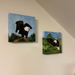 Bald Eagle Acrylic Painting Set: Original Wildlife Art on Canvas (8x8in, Set of 2
