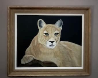 Original Mountain Lion Painting: Acrylic Wildlife Art, Framed Canvas (16x20)