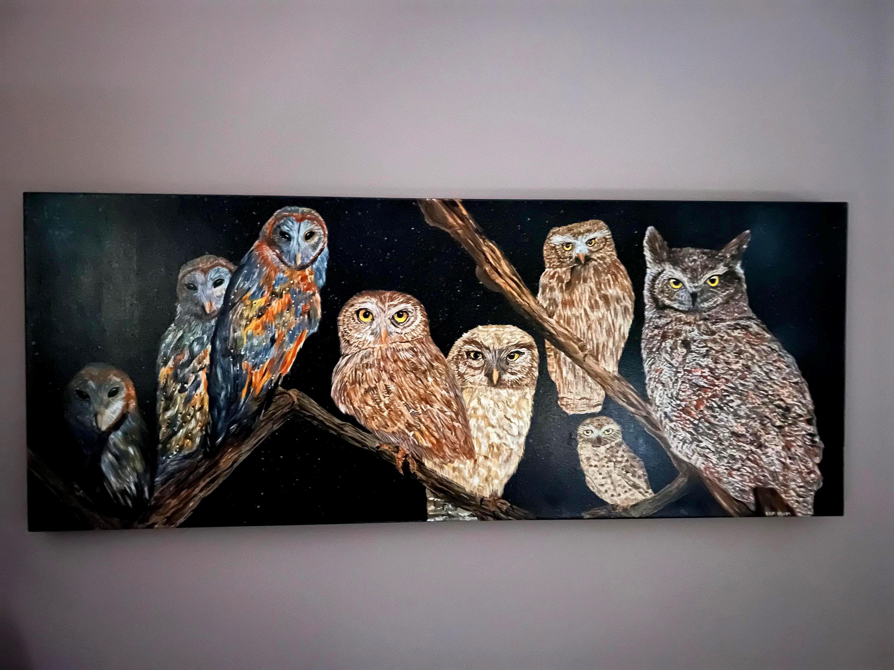 Original Owl Painting-16 X 40 Acrylic on Canvas-Nocturnal Bird Art-Wildlife Wall Decor-Handmade Natu