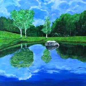 Tranquil Reflections – Original Acrylic Landscape Painting of Trees and Pond