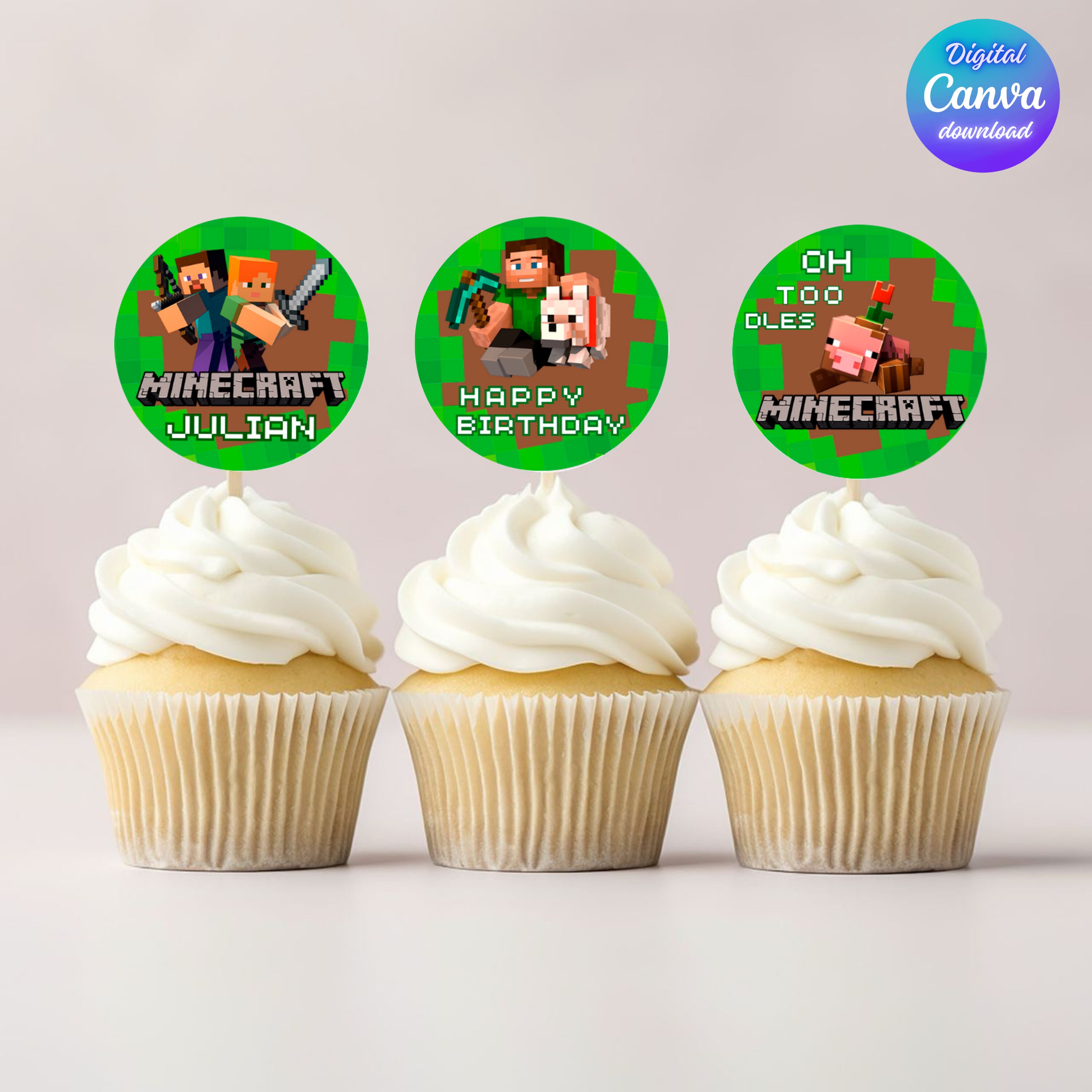 Minecraft Cupcake Toppers BoyMinecraft BirthdayParty SuppliesEditable Cupcake ToppersMinecraft Invitation party instant