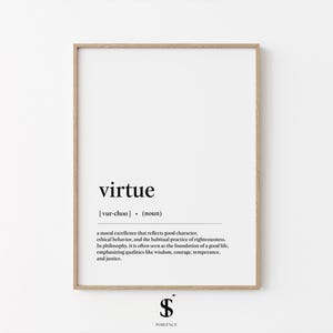 Puede incluir: Una definición imprimible de la palabra "virtud" en un estilo minimalista en blanco y negro. La definición está enmarcada en un marco de madera marrón claro.