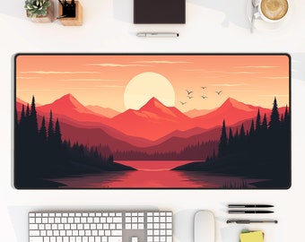Orange Sunset Desk Mat - Serene Mountain Landscape - Design 1 | Mountains Landscape Desk Mat, Office Decor, Mouse Pad, Anti Slip Mat