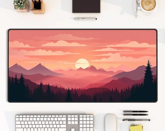 Orange Sunset Desk Mat - Serene Mountain Landscape - Design 2 | Mountains Landscape Desk Mat, Office Decor, Mouse Pad, Anti Slip Mat
