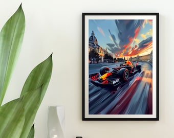 May include: A black and yellow Formula 1 race car speeding through a city street with a sunset sky in the background. The car is in motion, creating a blur effect. The car has the word "Mobil 1" on the side.