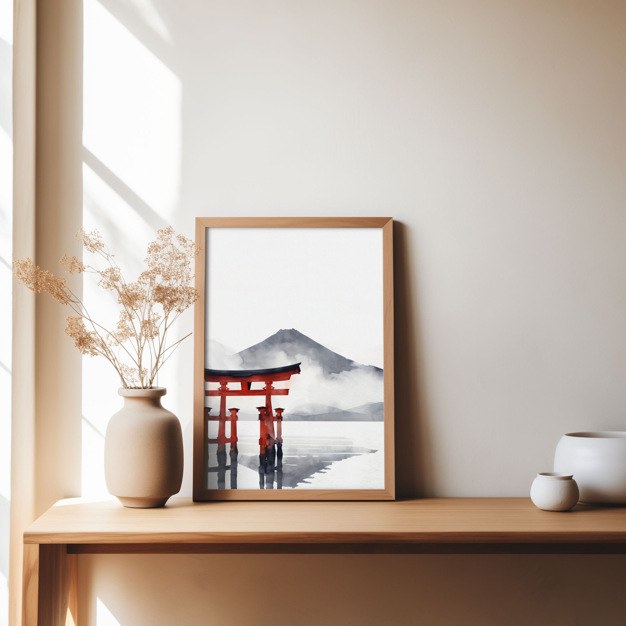 Red Torii Gate Mt Fuji Japan / Printable Zen Wall Art / Sumi-e Ink ...