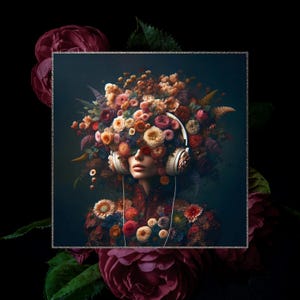 Synesthesia Art Print | Dark Floral Portrait with Headphones | Neurodivergent Symbolism | Gothic Decor by Sonnauta