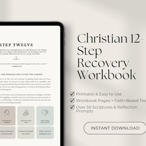Puede incluir: Un cuaderno de trabajo digital de recuperación cristiana de 12 pasos que se muestra en una tableta. El cuaderno de trabajo presenta texto sobre el despertar espiritual, llevar el mensaje y vivir el cambio. El texto adicional incluye "Imprimible y fácil de usar" y "Descarga instantánea."