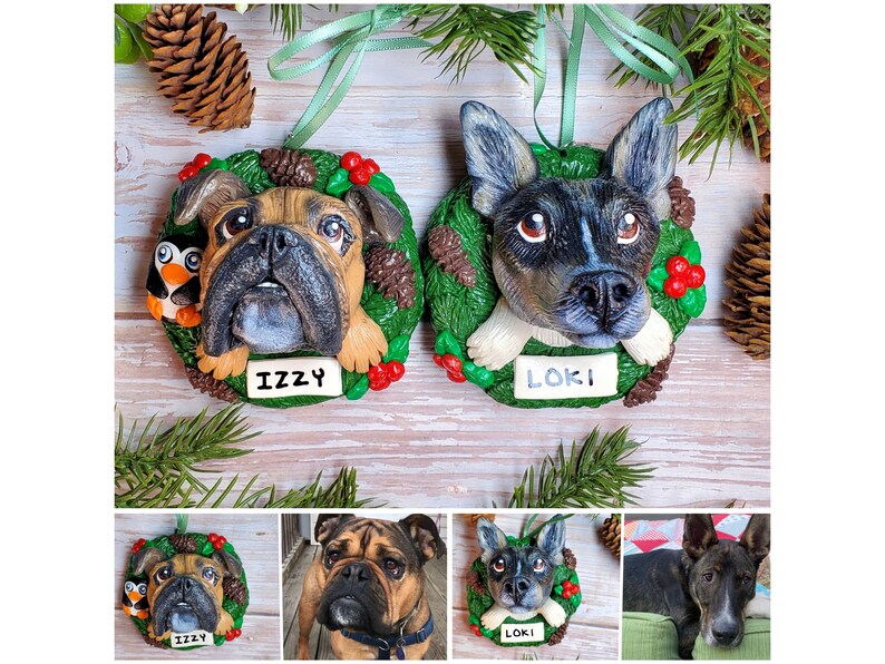 Custom Pet Ornament, Personalized Christmas Wreath Dog or Cat Ornament image 2