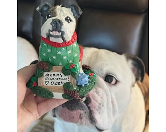 May include: A bulldog Christmas ornament wearing a green jumper with white snowflake patterns. The ornament features a wooden sign with the text MERRY CHRISTMAS! ♡ OZZY, surrounded by green pine branches, brown pinecones, and red berries.