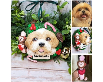 Custom Pet Ornament, Personalized Christmas Wreath Dog or Cat Ornament