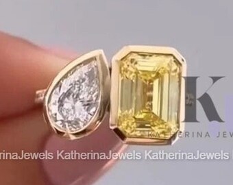 Toi et moi Moissanite Anillo de compromiso Esmeralda y pera Moi et Toi anillo de compromiso Fancy Yellow Two Stone Ring Art deco Ring 14KT Gemstone ring