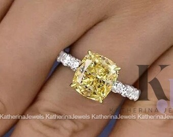 3.5CT Alargado Amarillo Cojín Corte Moissanite Anillo de Compromiso Cojín Corte Pave Anillo de Compromiso Art deco Anillo Oculto Halo Moissanite Anillo