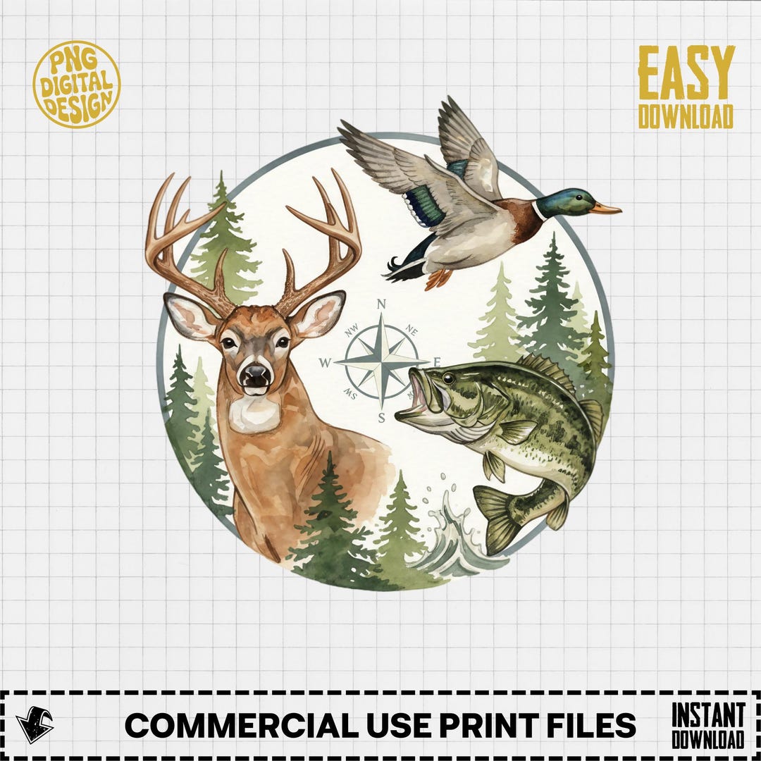 Deer Duck Bass PNG, Nature Digital Download, Watercolor Lodge Art Print ...