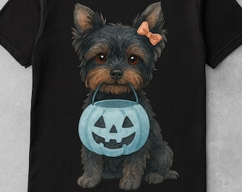 Yorkie Halloween Print: Watercolor Dog Art with Blue Pumpkin (Digital Download)