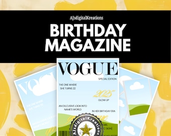 Omslag verjaardagstijdschrift: gepersonaliseerde Vogue-stijl (bewerkbare sjabloon)
