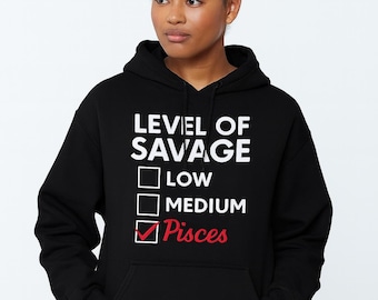 Koszulka z napisem „Pisces Savage Level”, grafika z humorem zodiaku (do pobrania w wersji cyfrowej)
