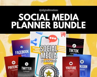 May include: A digital social media planner bundle with the text "SOCIAL MEDIA PLANNER BUNDLE". The bundle includes planners for Facebook, Pinterest, Twitter, TikTok, YouTube, and LinkedIn. The image has a yellow and black color scheme.