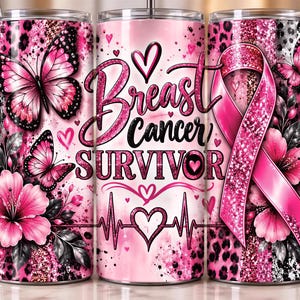 May include: A cylindrical tumbler featuring a pink and black leopard print background with pink butterflies, hibiscus flowers, and a glittery pink awareness ribbon. The text Breast cancer SURVIVOR is printed in black and pink with heart accents.