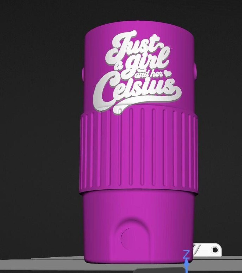 A purple cylindrical object with the text "Just a girl and her Celsius" printed on it.