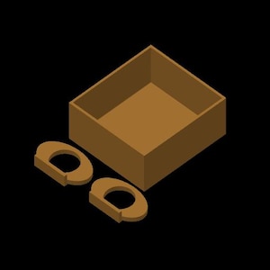 Könnte beinhalten: Isometrische Ansicht einer braunen, offenen Box und zwei D-förmigen Teilen. Die Box ist quadratisch und hat ein einfaches, geometrisches Design. Der Hintergrund ist schwarz, wodurch die Objekte hervorgehoben werden.