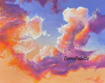 Kunst digitale print. Origineel acrylschilderij. Dromerige avondwolken. Zonsondergang kleuren