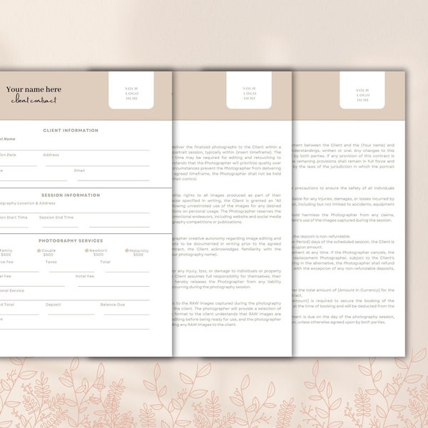 Photography Forms Client Agreement Contract for Photographers Photography Client Contract Template