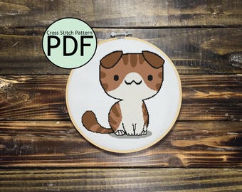 スコティッシュフォールド猫の水彩クロスステッチパターン - デザイン