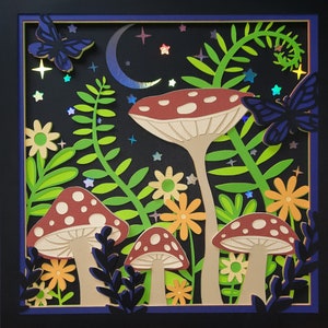 Mushroom Forest Toadstool 3D Layers Shadow Box Woodland Flower Fern Wall Art Gift Decor Shadowbox Handmade Christmas for Teen Young Adult