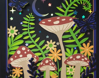 Mushroom Forest Toadstool 3D Layers Shadow Box Woodland Flower Fern Wall Art Gift Decor Shadowbox Handmade Christmas Teen Young Adult