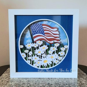 American Flag Shadow box Daisy Field 3D Layered Patriotic Gift Framed Wall Art gift for veteran Labor Day USA United States of America