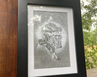 Original Graphite Hand Drawn ‘Starlord’ Artwork Print Matted 5x7