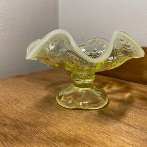 Vintage, Glowy Uranium Glass Vaseline Glass Ruffle Edge Opalescent Candy Dish
