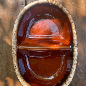 Vintage Brown Drip Glaze Hull Pottery Divided Oven Proof Dish