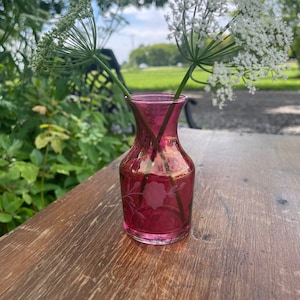 Vintage Bohemian Cranberry Etched Glass Vase