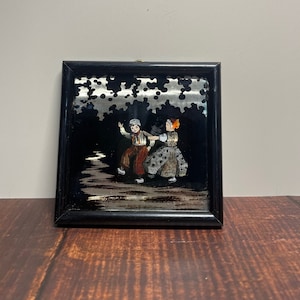 Vintage Reverse Painting of Two Children Playing Made in Chechoslovakia