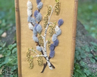 Vintage Framed Hand Made Needlepoint Featuring Birch Branches and Cattails