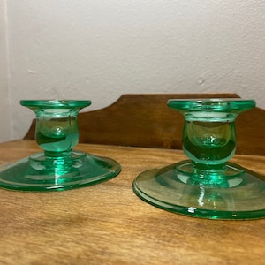 Set of Two Vintage GLOWY Uranium Glass Candlesticks