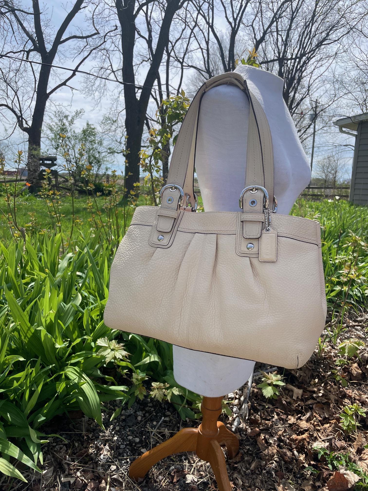 Coach Soho Bone (cream) Pebbled Leather Tote Bag With Nickel