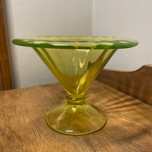 GLOWY! Vintage Uranium / Vaseline Glass MCM Candy Dish / Bowl with Turned Edge